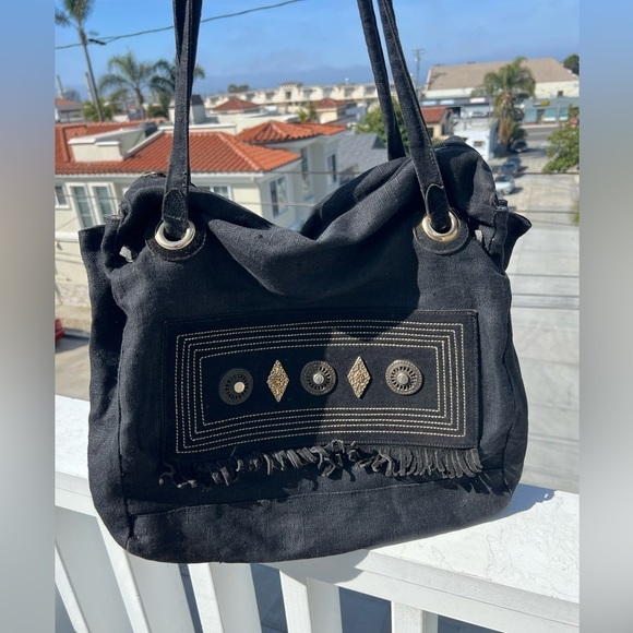 White Elephant Florence Italy linen canvas black fringe beaded tote aztec hippie - Picture 1 of 15